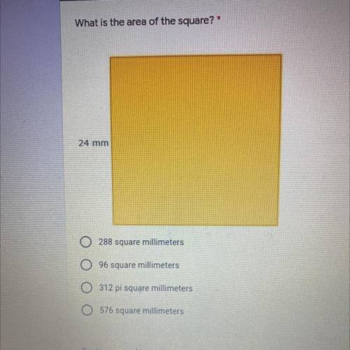 What is the area of the square?

24 mm
288 square millimeters
96 square millimeters
312 pi square