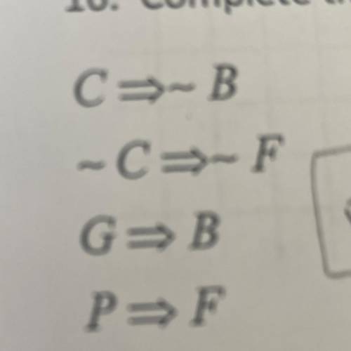 Complete the following syllogism (reduce to a single implication):

C-B
~C-~F
G-B
P-F