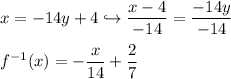 \displaystyle x = -14y + 4 \hookrightarrow \frac{x - 4}{-14} = \frac{-14y}{-14} \\ \\ f^{-1}(x) = -\frac{x}{14} + \frac{2}{7}