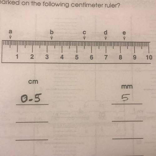 Use the letters to mark the centimeters and millimeters on the ruler.

The first one (A) was alrea