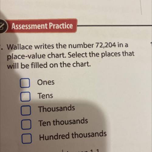 Wallace writes the number 72,204 in a

place-value chart. Select the places that
will be filled on