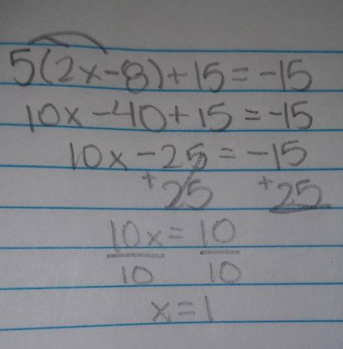 An equation is shown below:

5(2x - 8) + 15 = -15 
Write the steps you will use to solve the equati