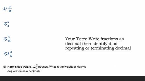 Please help I need this so bad.

Your Turn: Write fractions as decimal then identify it as repeati