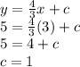 y=\frac{4}{3}x +c\\5 = \frac{4}{3} (3) + c\\5 = 4+c\\c=1