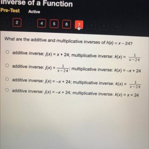 What are the additive and multiplicative inverses of h(x) = x - 24?

additive inverse: j(x) = x +