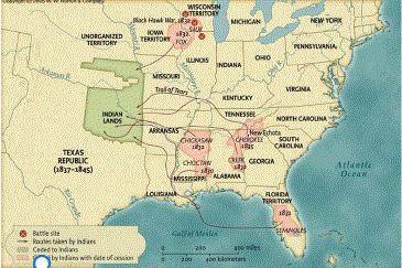 According to the maps, how many Native American Tribes were resettled to the “Indian Lands” in 1832
