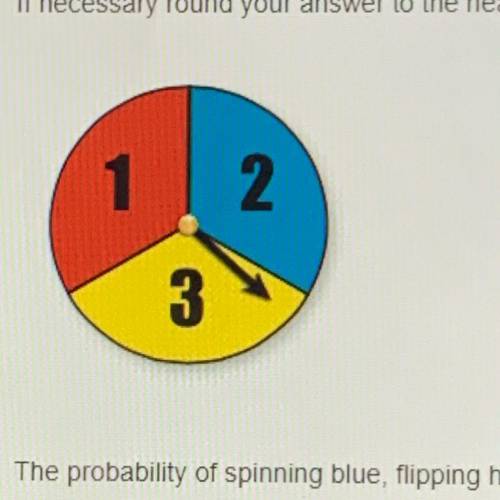 The probability of spinning blue flipping heads then spinning a 1 is