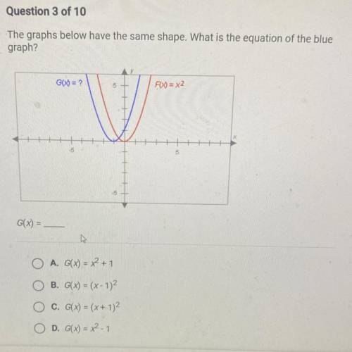 The graphs below have the same shape. What is the equation of the blue

graph?
G(X) =
A. G(x) = x2