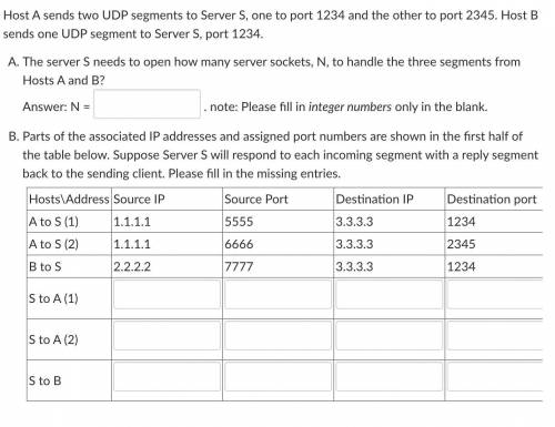 Host A sends two UDP segments to Server S, one to port 1234 and the other to port 2345. Host B send