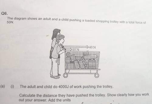 The diagram shows an adult and a child pushing a loaded shopping trolley with a total force of 50N.