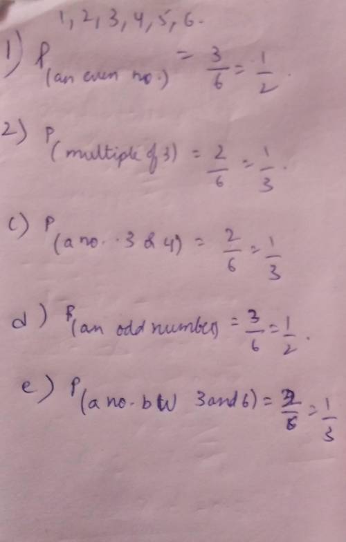 14) What is the probability of getting (i) an even number (ii) a multiple of 3 (iii) a number 3 or 4