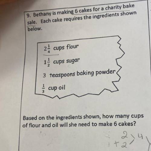9. Bethany is making 6 cakes for a charity bake

sale. Each cake requires the ingredients shown
be