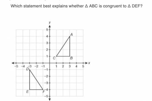 Which statement best explains whether Δ ABC is congruent to Δ DEF?

Question 10 options:
ΔABC is n