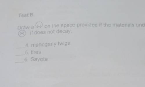 Test B Draw a on the space provided if the materials undergo decay and if does not decay. 4. mahoga