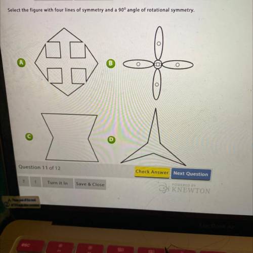 Select the figure with four lines of symmetry and a 90° angle of rotational symmetry.
f