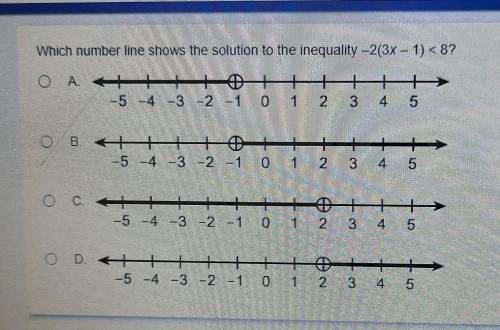 Which number line shows the solution to the inequality -2(3x – 1) < 8? ОА. + 2 3 -5 -4 -3 -2 -1