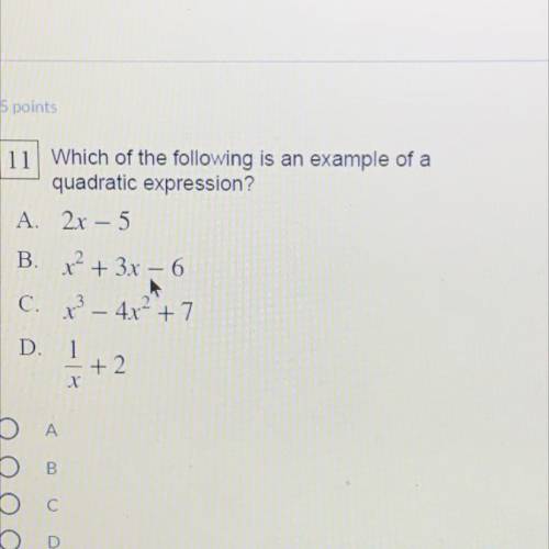 HURRYYYYY

Which of the following is an example of a
quadratic expression?
2x - 5
x² + 3x - 6
x² -