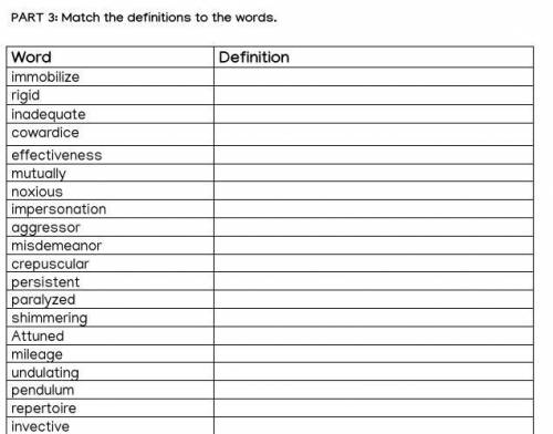 PART 3: Match the definitions to the words.

plzz do all i got work 
Word
Definition
immobilize
ri