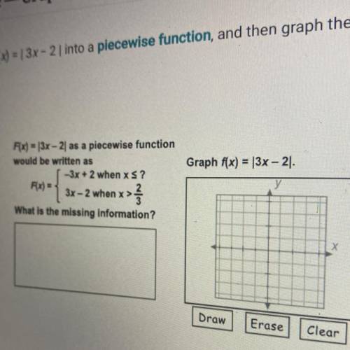(30 points)Translate f(x) = |3x - 2| into a piecewise function, and then graph the function.