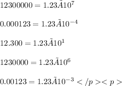 12300000=1.23×10 { }^{7}  \\ \\  0.000123=1.23×10 {}^{ - 4}  \\ \\  12.300=1.23×10 {}^{1}  \\ \\  1230000=1.23×10 {}^{6}  \\ \\  0.00123=1.23×10 {}^{ - 3}