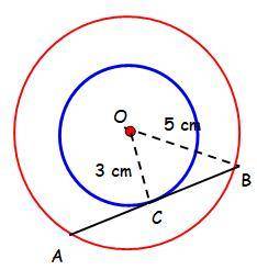 Two concentric circles are of radii 5 cm and 3 cm. Determine the length of the chord of the larger c