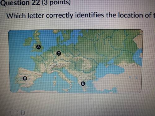 Which letter correctly identifies the location of the Germany on the map?