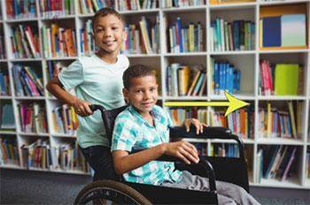 Which force does the boy who is standing use to move the wheelchair away from him?(GIVING BRAINLIST