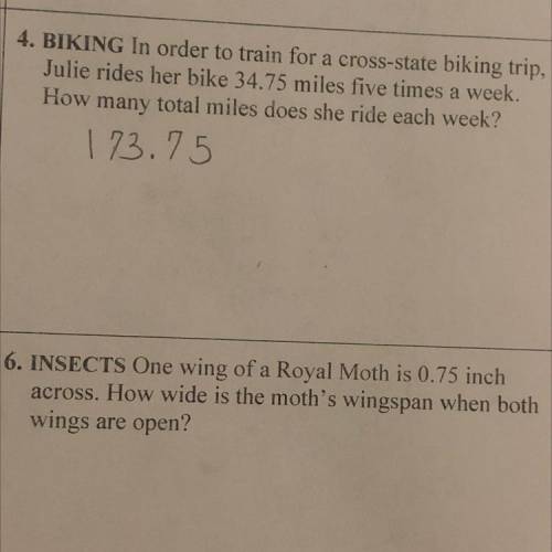 Olts

Fill
6. INSECTS One wing of a Royal Moth is 0.75 inch
across. How wide is the moth's wingspa