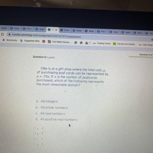 Question 6 (1 point)

Ollie is at a gift shop where the total cost, y,
of purchasing post cards ca