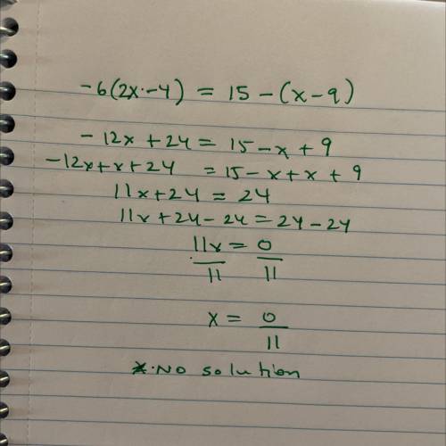 -6(2x - 4) = 15 - (x -9)