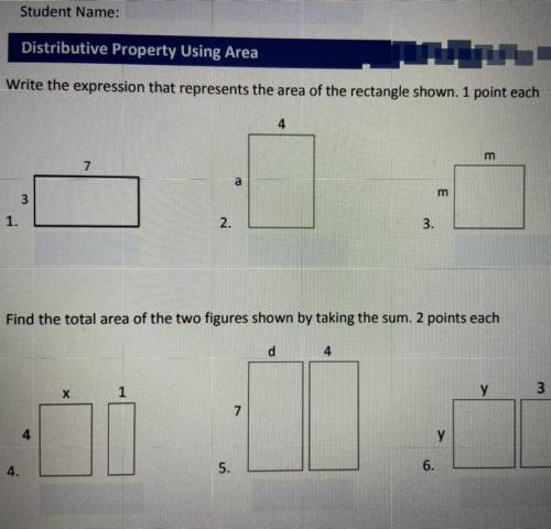 1.Write the expression that represents the area of the rectangle shown.

2. Find the total area of