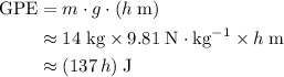 \begin{aligned}\text{GPE} &= m \cdot g \cdot (h\; {\rm m}) \\ &\approx 14\; {\rm kg} \times 9.81\; {\rm N \cdot kg^{-1}} \times h\; {\rm m} \\ & \approx (137\, h)\; {\rm J} \end{aligned}