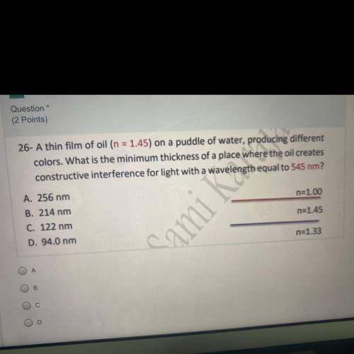 - A thin film of oil * (n = 1.45) on a puddle of water, producing different colors. What is the min
