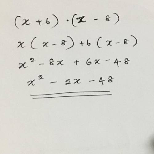 Multiply the binomials: (x+6)•(x-8)