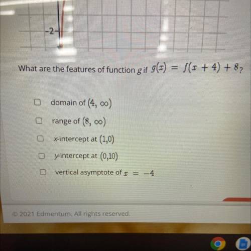 What are the features of function g if g(x) = f(x + 4) + 8?

domain of (4, 0)
range of (8,0)
x-int