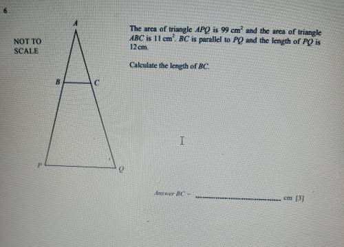 The area of triangle APQ is 99 cm? and the area of triangle ABC is 11 cm. BC is parallel to PQ and