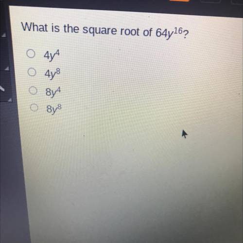 What is the square root of 64y16?
6 OF
O 4y4
4y8
8y4
O
O 8y8