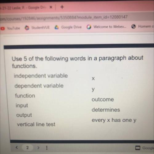 Use 5 of the following words in a paragraph about functions.