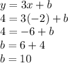 y = 3x + b \\ 4 = 3( - 2) + b\\ 4=-6+b\\ b = 6 + 4 \\b =10