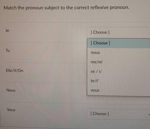 Match the pronoun subject to the correct reflexive pronoun.

 
Je Tu Elle/ll/On Nous Vous