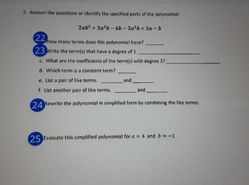 Can some help me for number 25 where it says Evaluate this simplified polynomial for a=4 and b =-1.