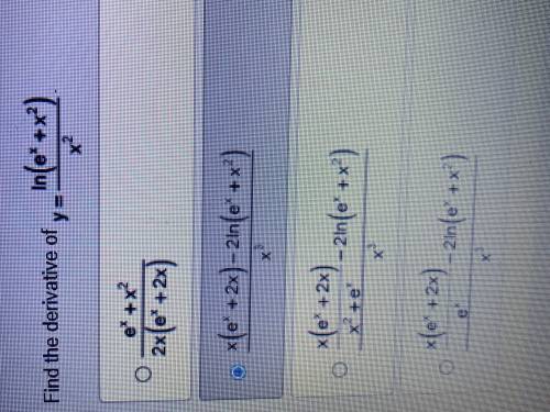 HELP!! not sure about my answer
find the derivative of y= ln(e^x+x^2)/x^2