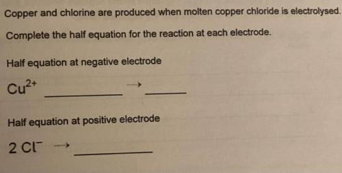 Copper and chlorine are produced when molten copper chloride is electrolysed.

Complete the half e