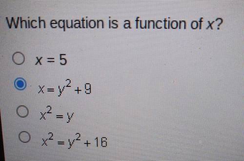 Which equation is a function of x? O x = 5 X = 12 +9 O x² = y O x2 = y2 +16