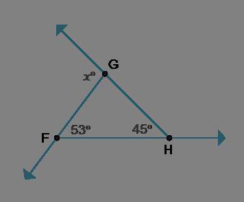 Triangle F G H is shown with its exterior angles. Line H G extends past point G. Line G F extends p