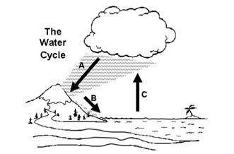 When the water vapor rises into the atmosphere (Arrow C), it starts to cool and transform back into