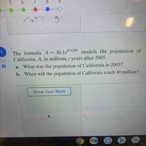 The formula A = 36.1e^0.01261 models the population of

California, A, in millions, t years after