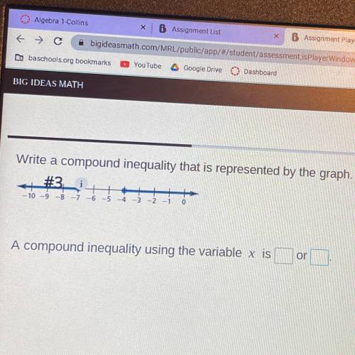 A compound inequality using the variable x is [] or []