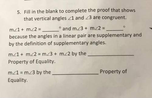 Fill in the blanks to complete the proof that shows that vertical angles <1 and <3 are congru