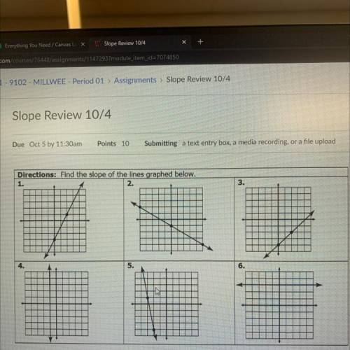 Directions: Find the slope of the lines graphed below.
1.
2.